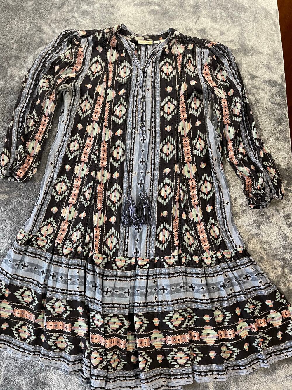 Holding Horses Anthropologie Boho Tiered Mini Dress XS Geometric Tassel Cotton
